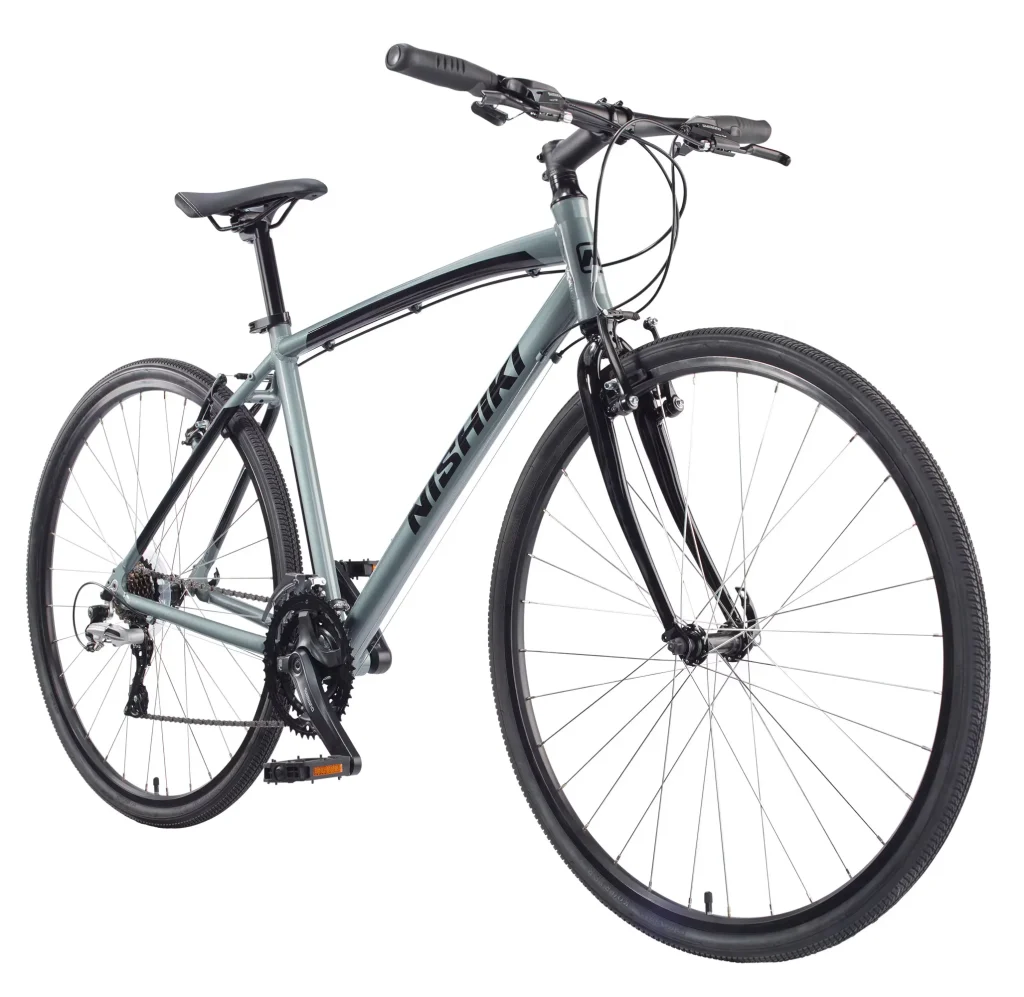 Nishiki Manitoba men’s road bike with lightweight aluminum frame, drop handlebars, 700c wheels, and Shimano gearing for smooth pavement rides.